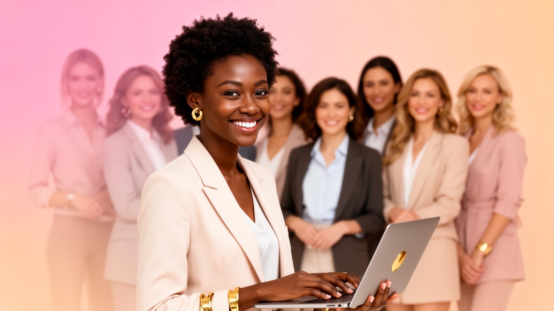 Smiling female entrepreneur with laptop and diverse team